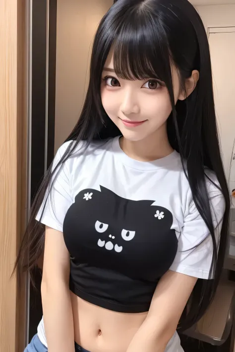 Long hair, Black hair, girl, cute, Cute, Grabbed my stomach, colic, pain, Belly T-shirt, nervous smile, gyaru, evil, Ahoge, hime cut