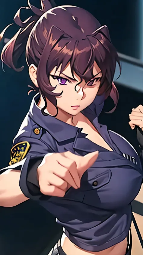 Lively, Short Crimson Hair, Long ponytail, Purple Eyes, Female police officer uniform, Black fingerless gloves, Shotgun, Standing pose, Style your hair with one hand, Looking at the camera, Determined Gaze, Smooth and white skin, Big Breasts, Big Breasts, ...