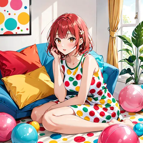 Ultra-realism Yayoi Kusama colorful style, Simple Line Initialism，Abstract art，(((The most beautiful girl of all time))), ((Lips in love)), colorful hearts, stylish design, sports fashion, (((Holiday Room))),