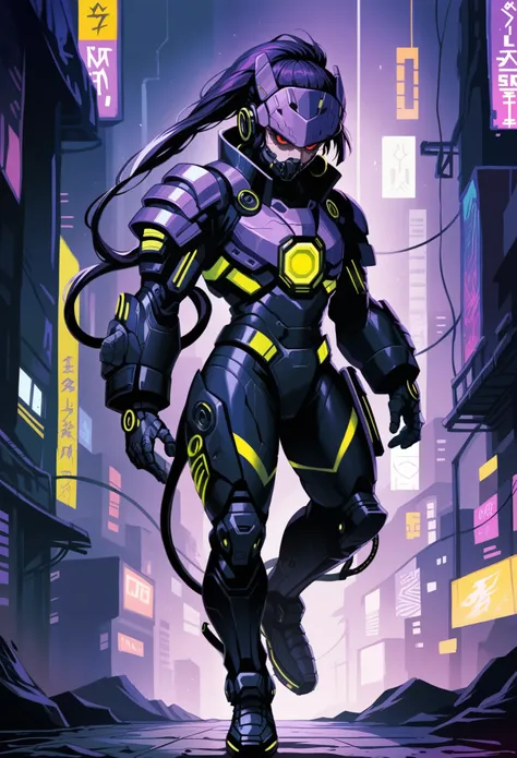 "Cyberpunk armored hero wearing futuristic asymmetrical trench coat, neon energy accents and gold hoop headdress, dark atmosphere"
"A mechanical monkey wearing a platinum exoskeleton network armor, with red eyes and a tail that emits a faint purple light, ...