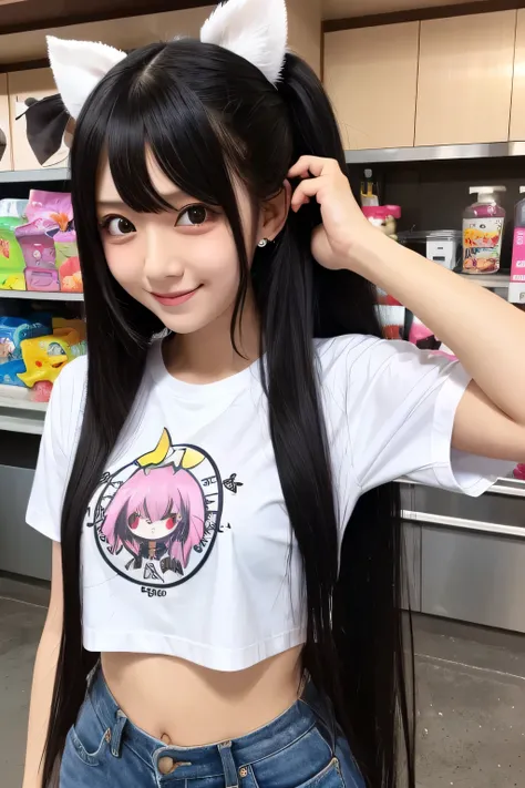 Long hair, Black hair, girl, cute, Cute, Grabbed my stomach, colic, pain, Belly T-shirt, nervous smile, gyaru, evil, Ahoge, hime cut