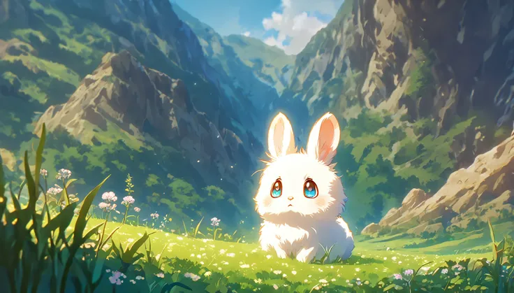 Create a close-up, animated illustration of a fluffy baby bunny sitting in a field of clover. Emphasize the soft fur, big eyes, and twitching nose of the bunny. The background should be a gentle blur of greenery, highlighting the cuteness and innocence of ...