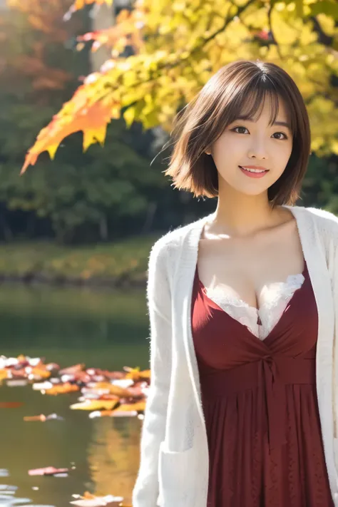 photorealistic, Real Photo, anatomically correct, accurate, textured skin, super detail, whole body, 1 girl, beautiful Japanese woman, look at viewer, light smile, Natural Makeup, Short hair swaying in the wind, medium breasts, Cleavage, Glamorous Body, Pl...