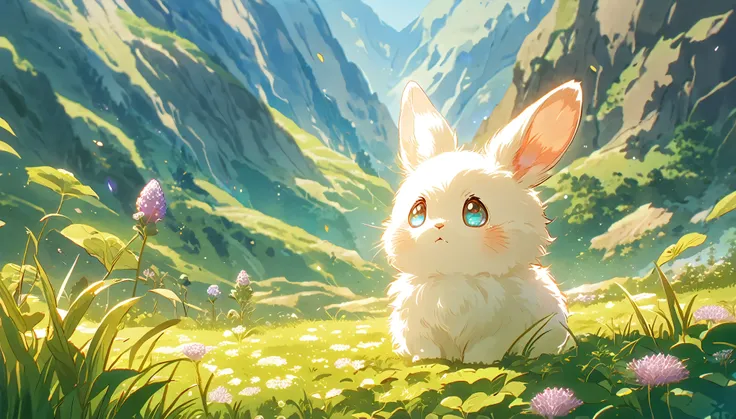 Create a close-up, animated illustration of a fluffy baby bunny sitting in a field of clover. Emphasize the soft fur, big eyes, and twitching nose of the bunny. The background should be a gentle blur of greenery, highlighting the cuteness and innocence of ...