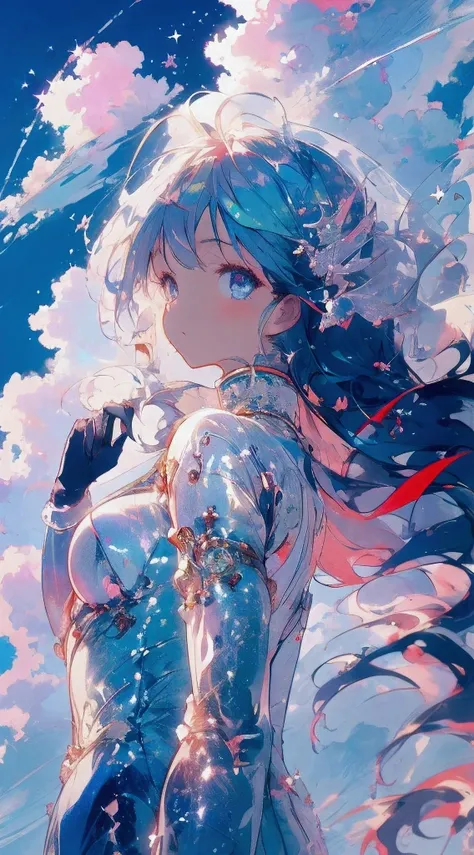 A distant view of a person falling from the sky，Seen as a tiny dot in a sea of bright, fluffy clouds。The scenes are in vibrant anime style，Cant see land，Only vast cloudscapes and a clear blue sky。The atmosphere is tranquil and surreal，Highlighting the vast...