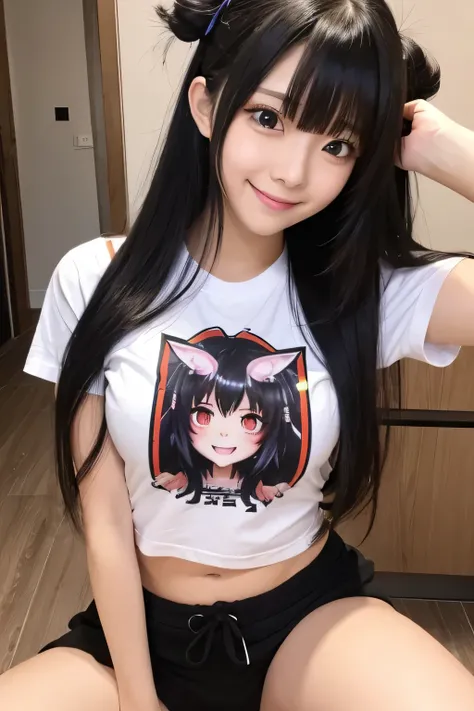 Long hair, Black hair, girl, cute, Cute, Grabbed my stomach, colic, pain, Belly T-shirt, nervous smile, gyaru, evil, Ahoge, hime cut, 