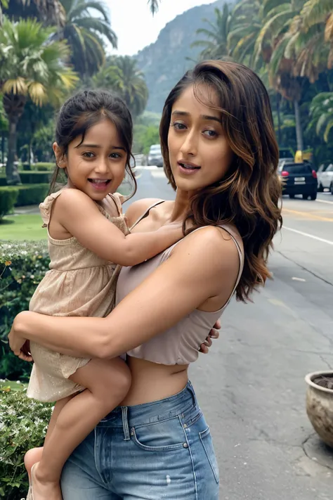 ileana d'cruz with dwayne johnson and child. he hugging her from behind and touching her breasts , ileana d'cruz is carrying a c...