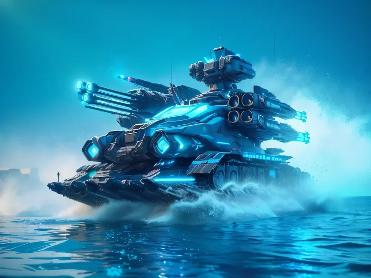 There is a large tank floating on the water, Cyberpunk speedboats, Futuristic Combat, A row of mechanical future technology buildings appears in the distance,complex,3 d Octane Rendering conceptart, 8k high detail concept art, concept design art Octane Ren...