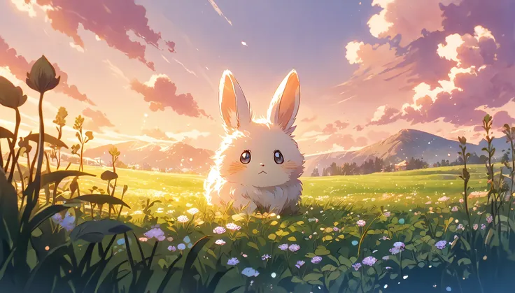 Create a close-up, animated illustration of a fluffy baby bunny sitting in a field of clover. Emphasize the soft fur, big eyes, and twitching nose of the bunny. The background should be a gentle blur of greenery, highlighting the cuteness and innocence of ...