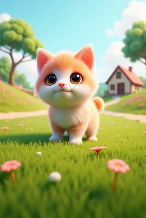 3d render of a cute cat, multicolor, outdoors, grass, house, road, blurry background, kitten