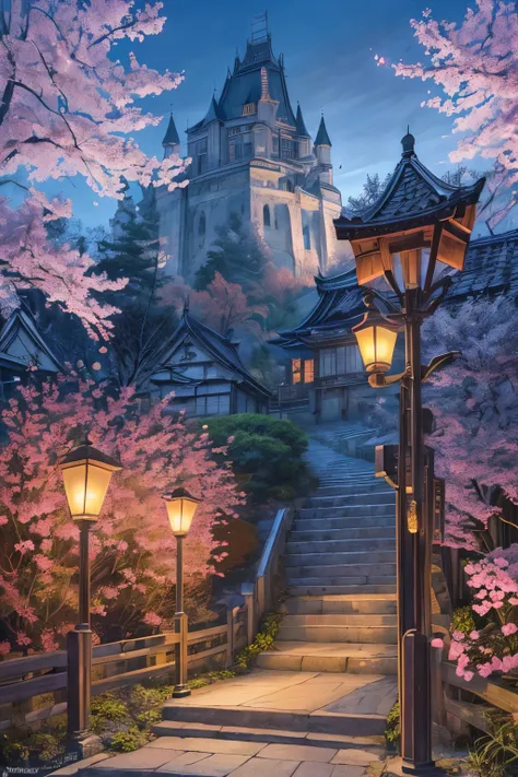 Fantasy art, RPG Art, Award-winning, National Geographic Illustration, A medieval Japanese boulevard leading to a Japanese castle, Cherry blossoms are blooming on the main street (Best details, masterpieceThe best quality: 1.5), The street (torch: 1.3) tre...