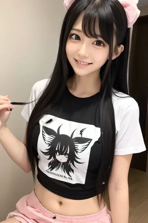 Long hair, Black hair, girl, cute, Cute, Grabbed my stomach, colic, pain, Belly T-shirt, nervous smile, gyaru, evil, Ahoge, hime cut, 