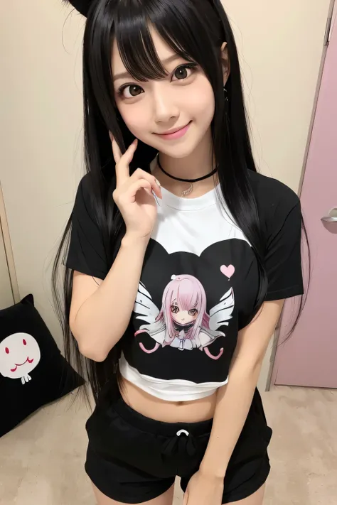 Long hair, Black hair, girl, cute, Cute, Grabbed my stomach, colic, pain, Belly T-shirt, nervous smile, gyaru, evil, Ahoge, hime cut, 