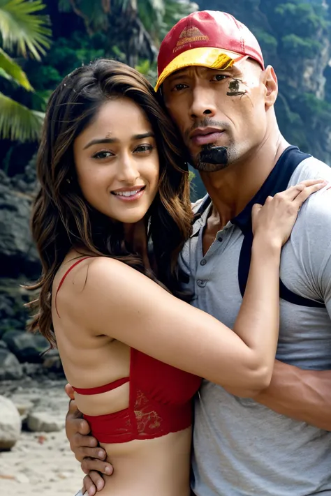 Ileana dcruz with dwayne johnson. he Hugging her from behind and touching her breasts .hollywood movie poster , face,  hot red lips, kissing 
