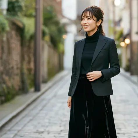 Standing on a cobblestone road、Arabian woman in black jacket and velvet skirt, Wearing a black aristocratic suit, Elegant Japanese woman, standing in the street, Dressed in black velvet, Man in black modern clothing, maya takamura, Wear elegant clothing, W...