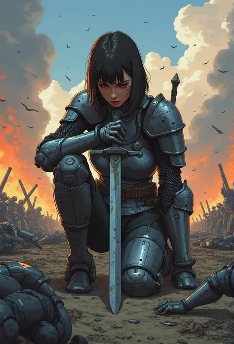 fantasy stylised illustration, anime style, cinematic composition, stunning, full body shot, masterpiece,best quality, close up dynamic model pose, (tall), perfect composition, 1girl, a battleworn mecha knight squire kneels in the dirt of the battlefield, ...