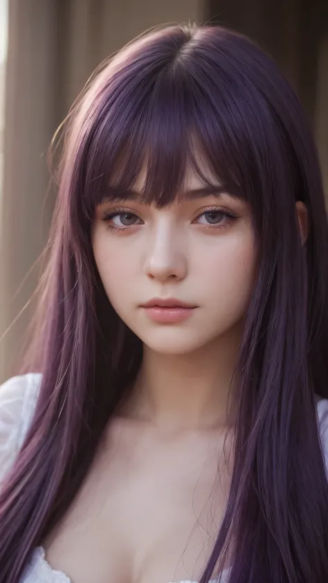 a girl. european. extremely detailed face. delicate features. half-closed eyes. purple eyes. long hairstyle, thick hair, bangs. purple hair. Disheartened. seductive. emotionless. lustful appearance
