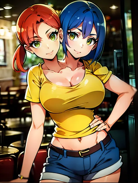 ((best quality), (high quality), (detailed), (masterpiece), good artist, (2heads:1.5), 1girl, (red hair), (blue hair), (yellow e...