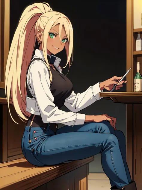 (masterpiece), anime drawing, best quality, expressive eyes, green eyes, hispanic face, solo drawing, white trenchcoat, black vest, loose clothing, western background, (sitting at a bar), (side view), (smirk), (looking at viewer), (full body view), dark sk...