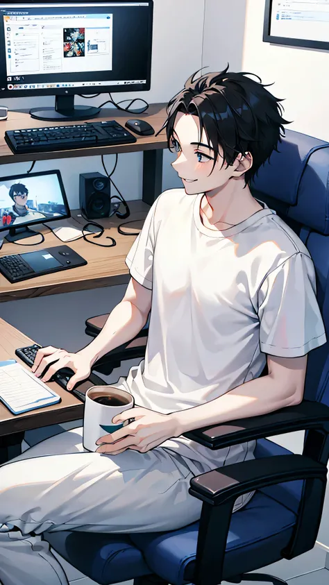 Best Quality、Young man with a coffee cup、smile、[profile、Gaming Room、PC、microphone、Sitting in a gaming chair、White t-shirt and sweatpants、Black Hair、Short Hair、Showing his forehead、1 male