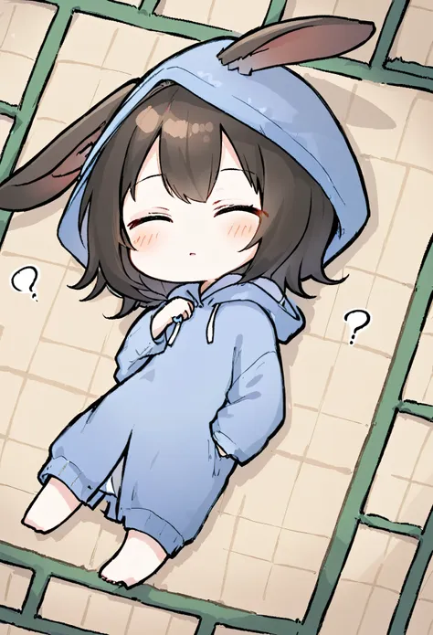 chibi,prone, sprawled out,full body,from above, a japanese-style room, a girl wearing a hoodie, a hood with rabbit ears, lying o...