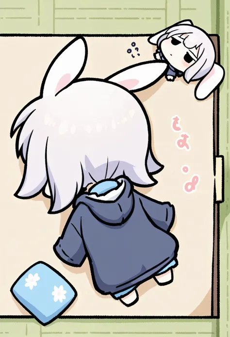 chibi,prone, sprawled out,full body,From above, a Japanese-style room, a girl wearing a hoodie, a hood with rabbit ears, lying on a tatami mat, sleeping, back of head, relaxed, Does it look dead?