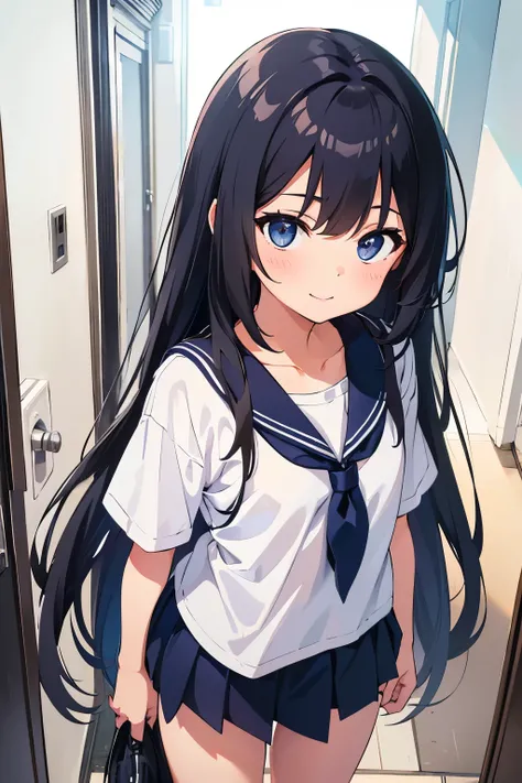 Elementary school girl　　　Flat chest　Black Hair　Long Hair　smile　（One person）White T-shirt on upper body　Navy blue mini skirt　White panties　White socks　sneakers　（（White pantiesが見える））Standing in the hallway of an apartment building　Dynamic Angle　Low angle