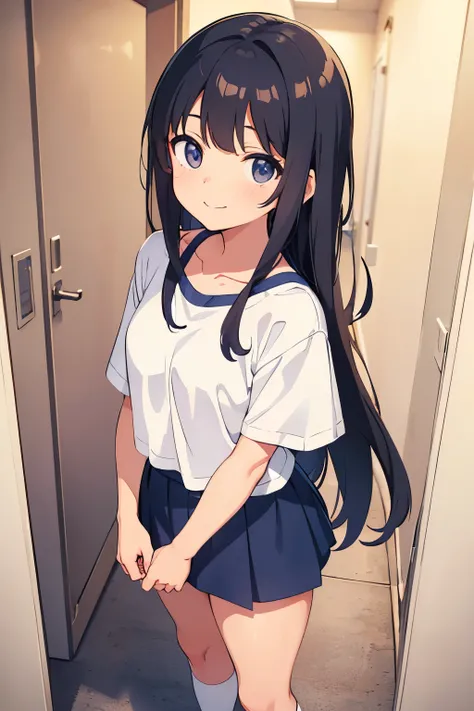 Elementary school girl　　　Flat chest　Black Hair　Long Hair　Side Tail　smile　（One person）White T-shirt on upper body　Navy blue mini skirt　White panties　White socks　sneakers　（（White pantiesが見える））Standing in the hallway of an apartment building　Dynamic Angle　Low...