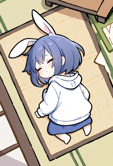 chibi,prone, sprawled out,full body,from above, a japanese-style room, a girl wearing a hoodie, a hood with rabbit ears, lying o...