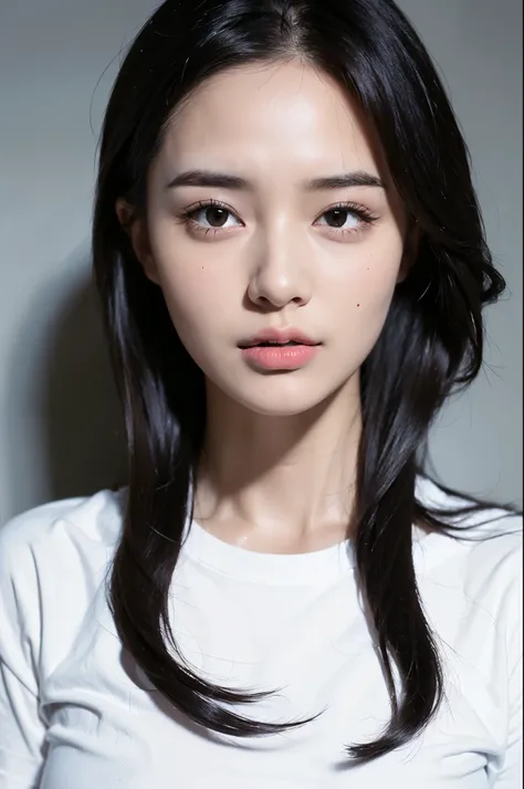 best quality,masterpiece,(available light:1.2),(realistic:1.2),1girl,solo,black eyes,long black hair,white shirt,(half body:1.2),