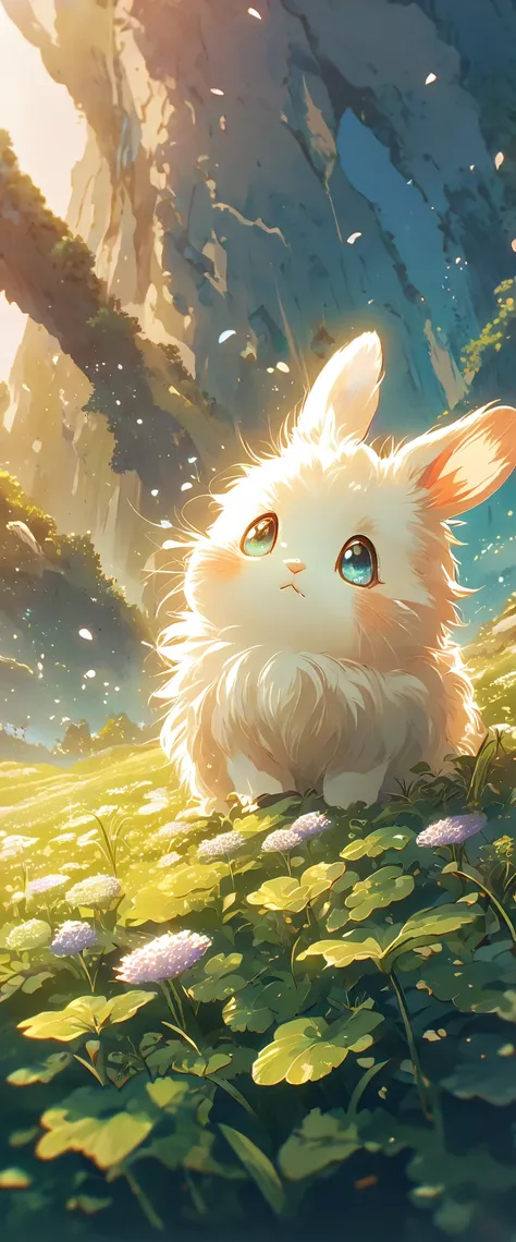 create a close-up, animated illustration of a fluffy baby bunny sitting in a field of clover. emphasize the soft fur, big eyes, ...