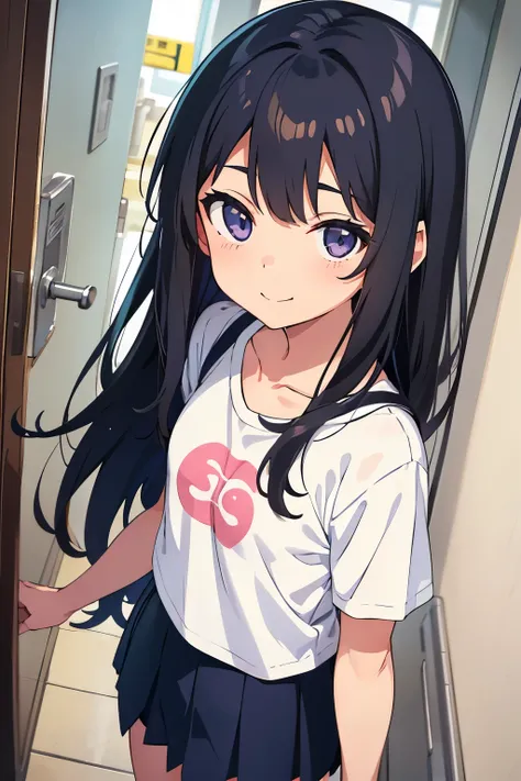 Elementary school girl　　　Flat chest　Black Hair　Long Hair　smile　（One person）White T-shirt on upper body　Navy blue mini skirt　White panties　White socks　sneakers　（（White pantiesが見える））Standing in the hallway of an apartment building　Dynamic Angle　Low angle