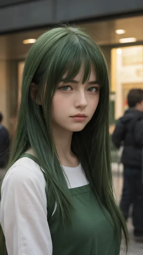 a girl. european. dejected, melancholic. extremely detailed face. delicate features. half-closed eyes. green eyes. long, thick hairstyle. green hair