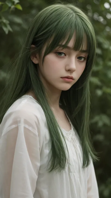 a girl. european. dejected, melancholic. extremely detailed face. delicate features. half-closed eyes. green eyes. long, thick hairstyle. green hair