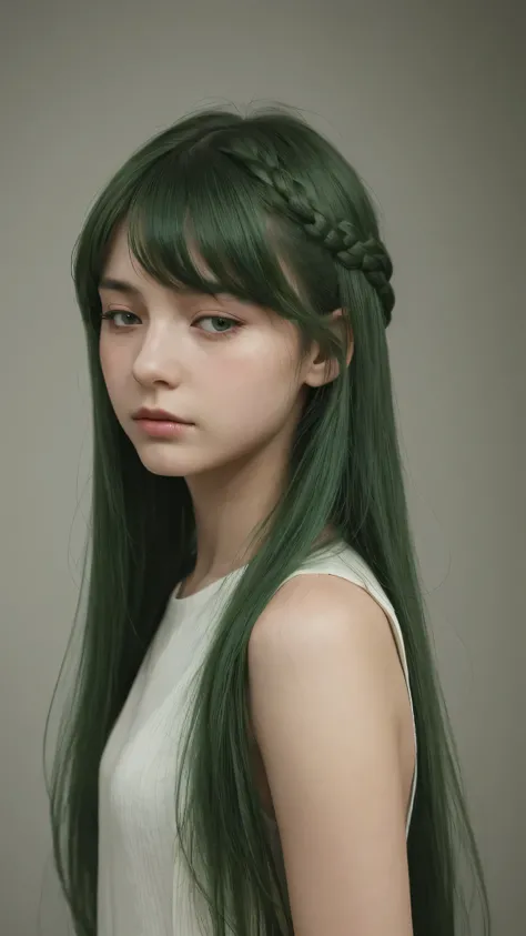 a girl. european. dejected, melancholic. extremely detailed face. delicate features. half-closed eyes. green eyes. long, thick hairstyle. green hair