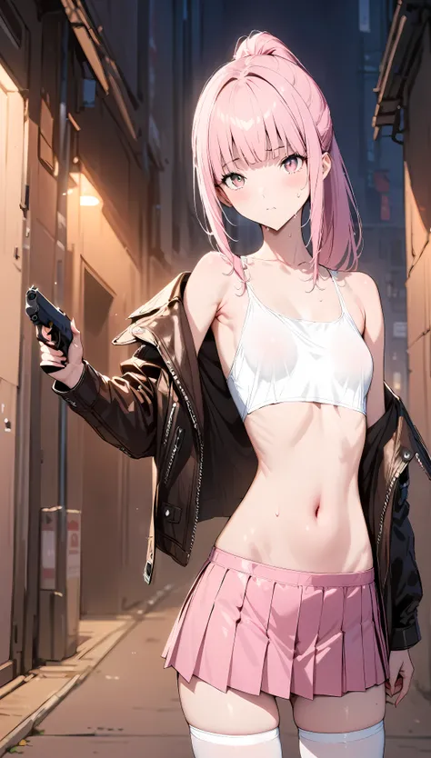 ((masterpiece,Best Quality:1.3,best quality illustrations)),cowboy shot,portrait,1woman,young adult,(ponytail),straight long hair,pink hair,small head,pink eyes,(gorgeous eyes),small breasts,(White tank top、Leather jacket、navel、Pleated pink mini skirt), wh...