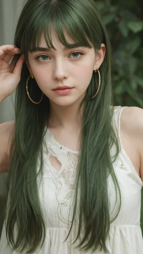 a girl. European. Extremely detailed face. Oval face. Delicate facial features. Half-closed eyes. Long straight hair. Messy hair. Bangs. Green hair. Green eyes. earrings. shy sadness