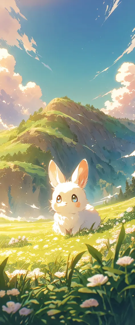 Create a close-up, animated illustration of a fluffy baby bunny sitting in a field of clover. Emphasize the soft fur, big eyes, and twitching nose of the bunny. The background should be a gentle blur of greenery, highlighting the cuteness and innocence of ...