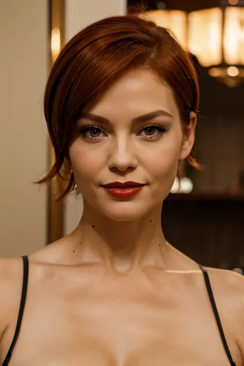 40 year old woman, short red hair, red lipstick and honey colored eyes