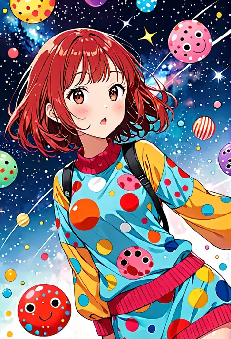 Ultra-realism Yayoi Kusama colorful style, Simple Line Initialism，Abstract art，(((The most beautiful girl of all time))), Lips in love, colorful hearts, kawaii design, sports fashion, (((Space Exploration))), (((Cute amoeba)))