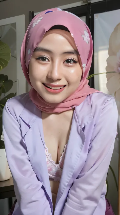 glamorous photo of a 3 beautiful malay girls wearing hijab, she is wearing a pink shirt, (open shirt: 1.2), undersize bra, small...