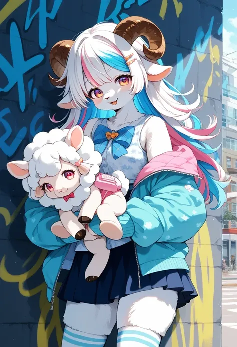 score_9, score_8_up, score_7_up, score_6_up, score_5_up, score_4_up, source_anime, best quality, amazing quality, very aesthetic, absurdres, 1 female, (furry, kemono:1.2),sheep, Sheeps horns, fluffy and fuzzy hair,, (cowboy shot:1.0),  (random color hair, ...