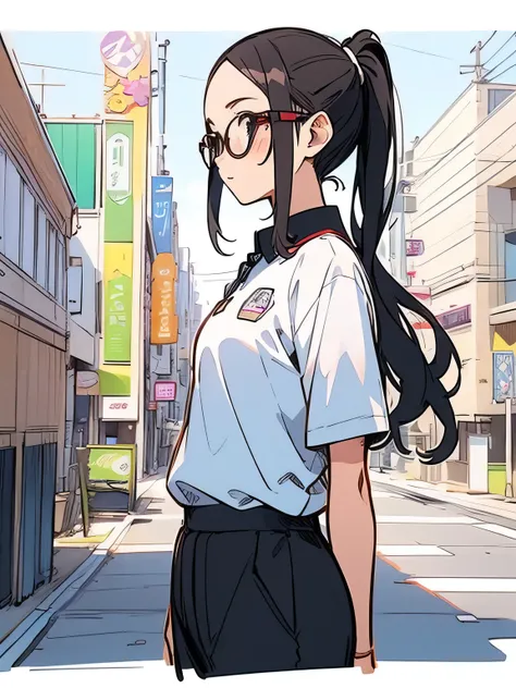 sideview,solo,upperbody,brown ponytail,big forehead,glasses,(purple poloshirts),mini cargo pants,bare feet,ウォーキングシューズ、on the way home,road,residential area,(manga style),(sketch),(illustration),