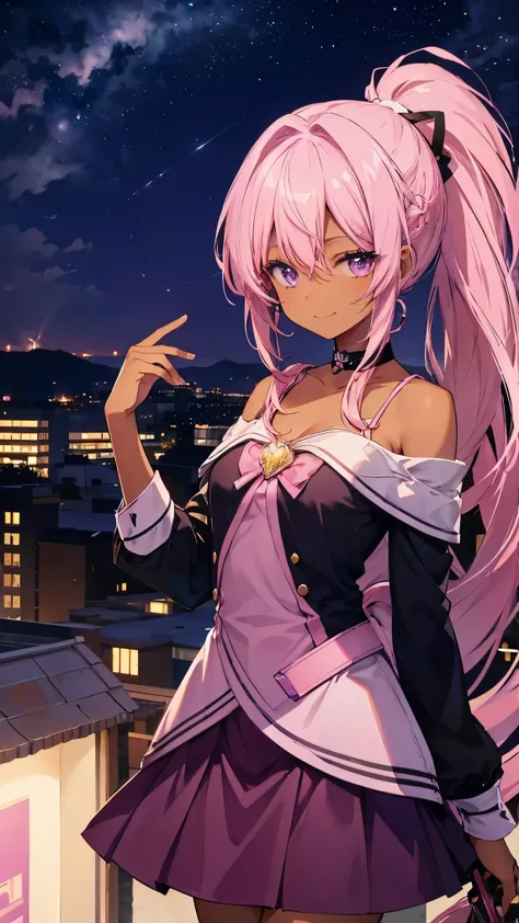 Best Quality,Pink Hair,(Brown skin,Dark Skin),Purple Eyes,Very long hair,Straight Hair,Rooftop,Night view,Slender,Magical Girl,Choker,ponytail,Petite,smile