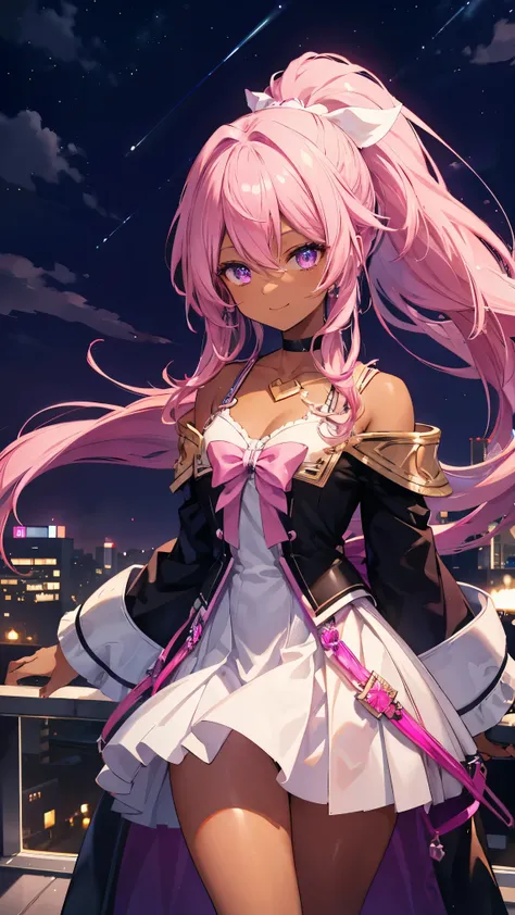 Best Quality,Pink Hair,(Brown skin,Dark Skin),Purple Eyes,Very long hair,Straight Hair,Rooftop,Night view,Slender,Magical Girl,Choker,ponytail,Petite,smile