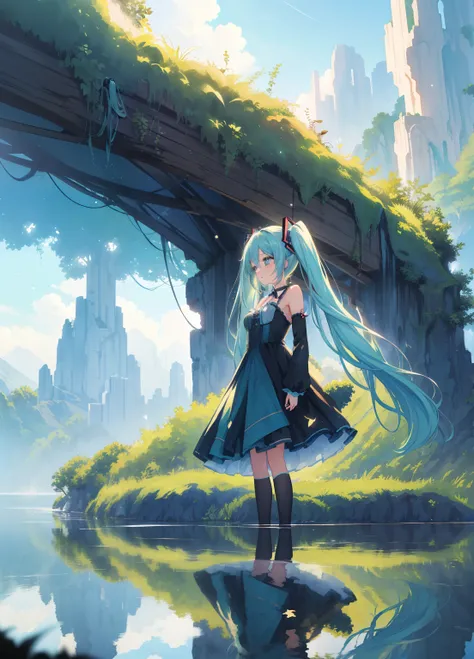 (masterpiece、Best Quality、Best Quality、Official Art、Beautiful and beautiful:1.2)、(One person:1.3)Hatsune Miku、Twin tails,Beautiful breasts,Photos that capture the essence of a magical dream world. A magnificent and legendary cliff jutting out over a beauti...