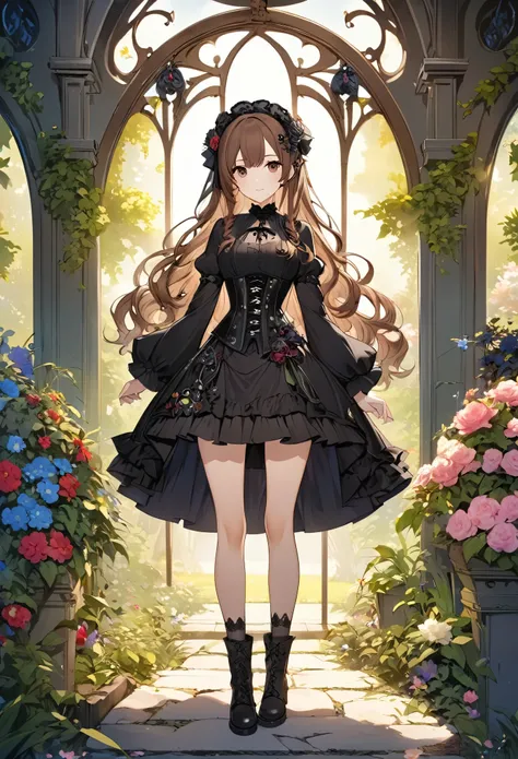 Enchanting scene of a young woman standing amongst decorative ornaments, (((Gothic))), she was standing in the garden. she was adorned with hair accessories、, Wavy brown hair..。Ruffled mini skirt, sheの表情は自然だ, Calm expression. she wore a dress with ruffled ...