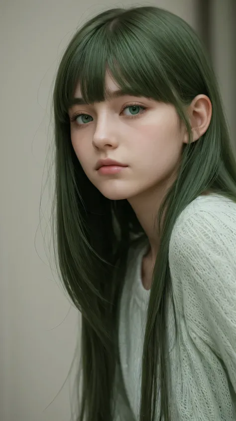 a girl. european. dejected. Mournful. extremely detailed face. delicate features. half-closed eyes. green eyes. long, thick hairstyle, bangs. green hair