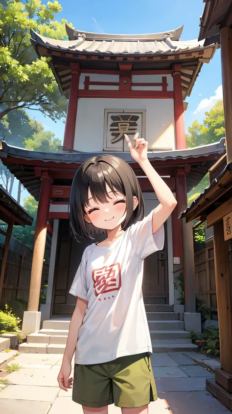 Little child girl 1,smile,Black Hair,Short Hair,Close your eyes,White T-shirt,Olive green shorts,barefoot,blush,In front of the temple gate,Standing,Cowboy Shot,