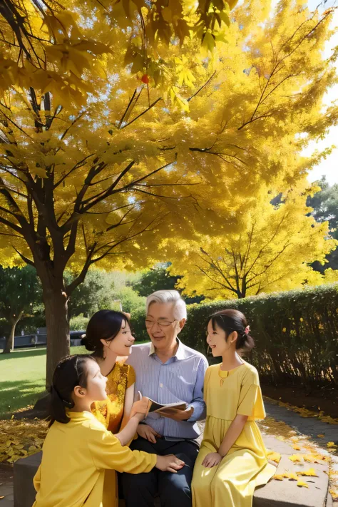 Golden Autumn Season，An elderly couple under a yellow-leaf tree，Enjoying conversation with children and grandchildren，Happiness knows no bounds，Happy Double Ninth Festival。